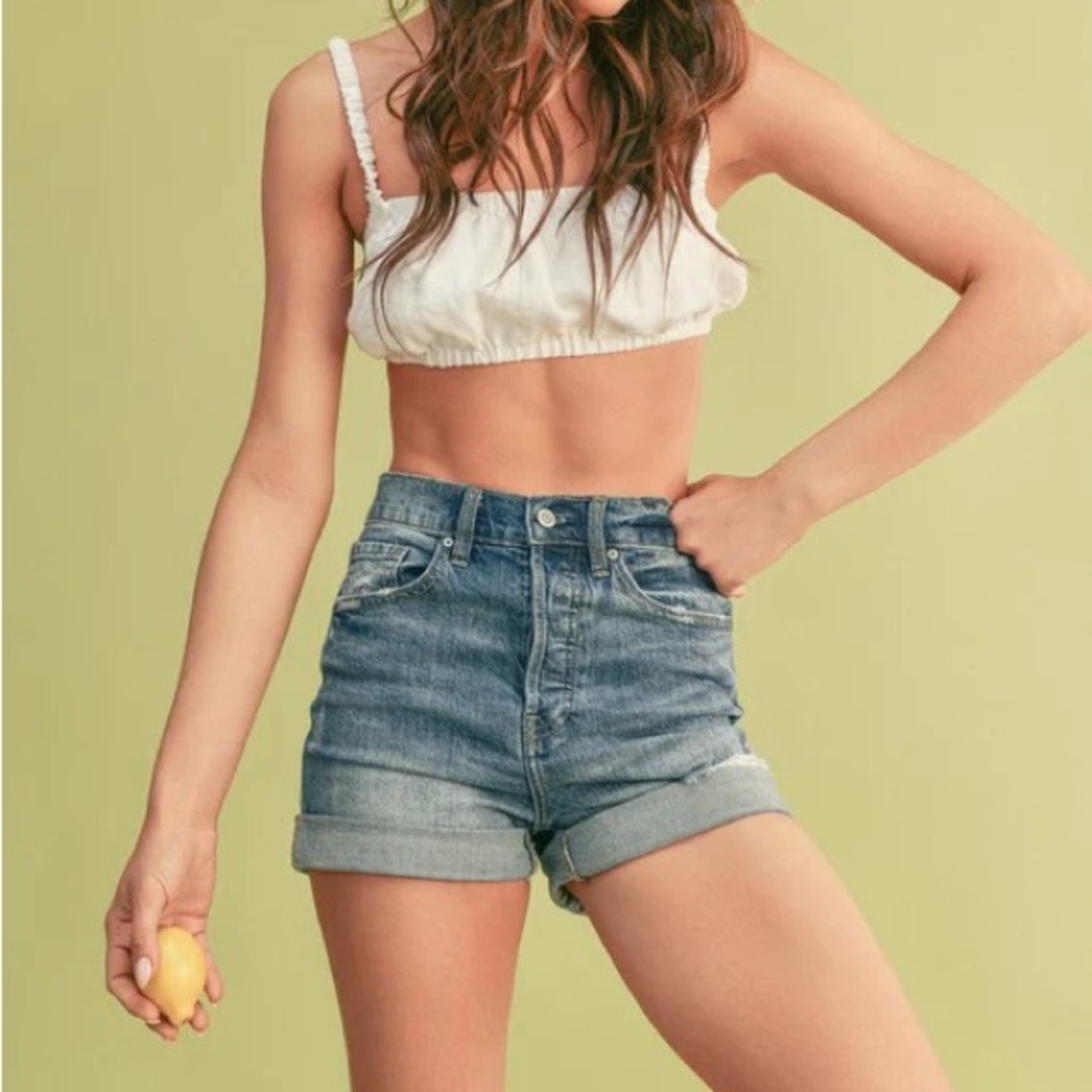 Eunina Olivia Ultra High Rise Mom Denim Shorts Button Fly Distressed Cuffed Hem